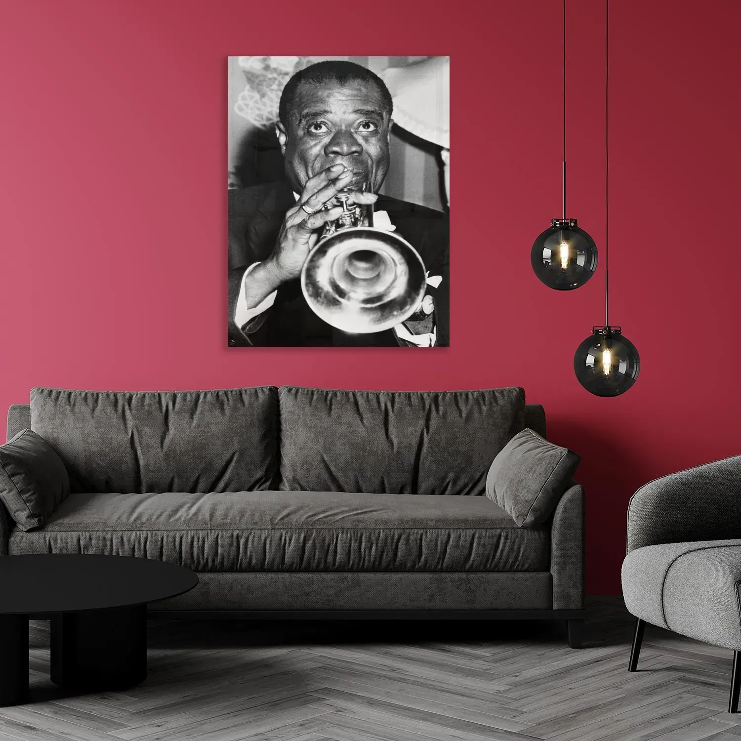 queence Acrylglasbild »Louis Armstrong«, Schwarz-Weiß-Mann-Stars, Fine Art-Print in Galeriequalität queence grau