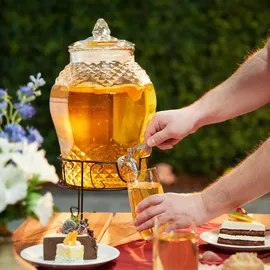 Relaxdays Getränkespender mit Ständer, Limobehälter 8L, Edelstahl Zapfhahn & Deckel, Wasserspender, Glas, transparent