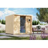 Karibu Saunahaus Außensauna Gartensauna 68mm Elementsauna VENTURA naturbelassen 219x224 cm inkl. 9kW Ofen mit extrner Steuerung