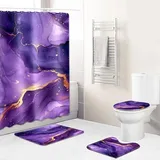 Badematten & Badteppiche Set 4 Teilig Badezimmerteppich Waschbar Badematte rutschfest,Wc Vorleger Mit Ausschnitt Badematte Und Duschvorhang,Badvorleger Toilette Teppich 50×80Cm Lila Marmor