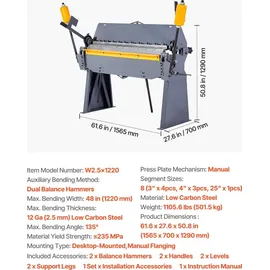 Vevor Biegemaschine, 1220 mm Kantbank, 2,5-mm-Weichstahl-Biegedicke, 0–135 Grad einstellbar, Blechbieger, Schwenkbiegemaschine mit 8 Fingern, Blechbiegemaschine für präzises Biegen
