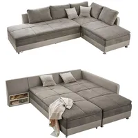 luma-home Federkern Ecksofa 306x223 cm Boxspring Topper, Schwenkteil links, Kunstleder Beige+Mikrofaser Grau Braun, / 15101