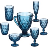 Relaxdays Gläser Set, 7-teilig, Krug, Eisbecher, Sektglas, je 2 Trinkgläser & Weingläser, Gläser spülmaschinenfest, blau, 10036049, 19.5 x 19.5 x 14 cm