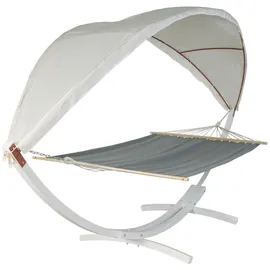 Mendler Hängematte HWC-J47, Hängeschaukel bis 200kg Sonnendach MVG-Holzgestell 420cm 2 Personen ~ weiß, grau