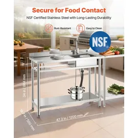 Vevor Spültisch Spülbecken Edelstahl (120 x 50 x 94 cm), Einzelbecken mit Wasserhahn & Ablage, Küchenspüle für Garage Restaurant Wäscherei, Waschtisch Außenspüle mit Arbeitsplatte (links)