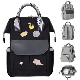 KIKKABOO Wickeltasche Myla Rucksack, Wickelunterlage, abnehmbare Abzeichen Dino schwarz