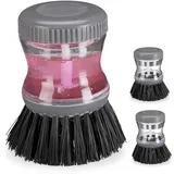Relaxdays Spülbürste mit Spülmittelspender, Set, 60 ml Tank zum Befüllen, rund, Geschirr reinigen, Spülhilfe, grau, 3