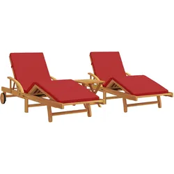 vidaXL Sonnenliegen 2er Set mit Kissen und Tisch Rot Massivholz Akazie