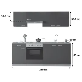 Respekta Küchenzeile Gerda 210 cm E-Geräte Edelstahlkochmulde grau/buche nachbildung
