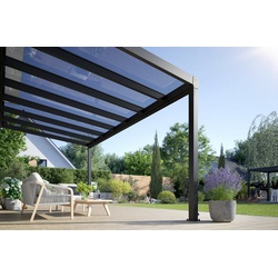 Rexin Terrassendach REXOpremium – hochwertiges Aluminium Terrassendach 4m x 3,5m, BxT: 406×350 cm, Bedachung VSG-Glas klar oder VSG-Glas grau, mit 4mm starken Profilen, Terassenüberdachung, Vordach grau
