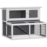 PawHut Hasenstall 2 Ebenen mit klappbar Dach Kaninchenstall aus Vollholz Winterfest Doppelstockhaus mit Freilaufgehege 122x95x93,5 cm Kaninchenkäfig Outdoor Kleintierstall für Hasen Kaninchen Grau