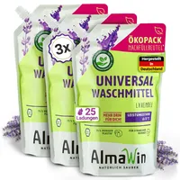 AlmaWin® Universal Waschmittel Flüssig [3x 1,5L - 75 Ladungen] mit Lavendelduft - Flüssigwaschmittel sauber ab 30°C - Waschmittel für Weißes & Buntes im Öko-Pack Nachfüllbeutel - Öko & VEGAN