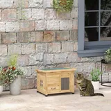 PawHut Katzenhaus aus Holz, Katzenhütte Outdoor, Katzenhöhle mit Türvorhang Gelb