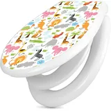 banjado Familien WC Sitz mit Absenkautomatik 44,9x37,1cm - Klobrille mit Kindersitz aus hochwertigem Polypropylen - Toilettendeckel mit Kinder Toilettensitz integriert - Motiv Fröhliche Tiere