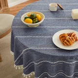 ZeeMart Boho-Tischdecke mit Hohlsaum, bestickt, gestreift, rund, marineblau, schwere Bauernhaus-Tischdecke, Leinen, Marineblau, knitterfrei, waschbar, Tischdecke für runden Tisch