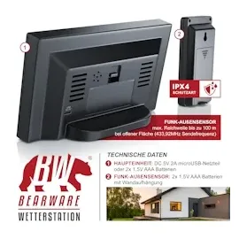 Bearware Funkwetterstation Innen und Außen mit Außensensor - DCF Signal Funkuhr - Farbdisplay - Thermometer - Hygrometer