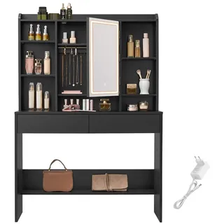 VASAGLE Schminktisch mit LED-Beleuchtung, 3 Farben mit Einstellbarer Helligkeit, Kosmetiktisch mit verstellbaren Ablagen, 2 Schubladen, Spiegel schwarz