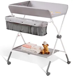 VEVOR Wickelkombi Klappbare Wickelkommode, Mobiler Wickeltisch Wickelwagen, Grau Wickeltisch mit Wickelauflage, Sicherheitsgurt, Platzsparend & Stabil, Klappbares Wickelregal 15 kg Tragfähigkeit