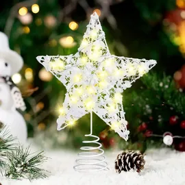 XZXWZX Weihnachtsbaumspitze, LED Stern Baumkrone mit weißer Schneeflocke, beleuchtete Pentagramm Schnee Baumkrone mit 20 Mini Lichtern für Christbaumschmuck(klein Größe)(23CM*18CM)