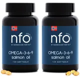 NFO OMEGA 3 6 9 SALMON OIL 2er-Pack [2x120=240 Kapseln] Omega 369 Lachsöl Kapseln mit EPA, DHA, DPA in TG, Omega 3 Kapseln hochdosiert, Omega 3 Öl Aminosäuren Komplex, Omega 3 Fischöl Kapseln, 14+ J