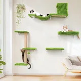 FUKUMARU Kletterwand Katzen Set, 10-teilig Katzen Kletterwand Set, aus robuster Multiplexplatte,Hängematte Katze mit Katzenhaus, Katzenbrücke, Katzenbaum, Katzentreppe bis zu 18 kg, grün