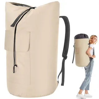 Wäschesack Schmutzwäsche XXL 115 Liter, Wäschebeutel Reise mit 2 Gepolsterte Schultergurte, Wäschetasche Faltbare Aufbewahrungsbeutel Kleidung Tasche, Seesack Rucksack (Beige)