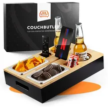 newhabitat Couchbar Snackbox Personalisierbar aus Bambus inkl. Geschenkbox | Sofa Tablett mit 2 Snackschalen, 2 Getränkehalter mit Untersetzer, magnetischer Deckel, Handyhalterung (Schwarz, Ohne Gravur)