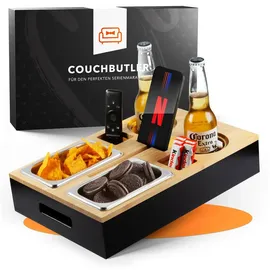 newhabitat Couchbar Snackbox Personalisierbar aus Bambus inkl. Geschenkbox | Sofa Tablett mit 2 Snackschalen, 2 Getränkehalter mit Untersetzer, magnetischer Deckel, Handyhalterung (Schwarz, Ohne Gravur)