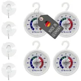 Lantelme Kühlschrankthermometer mit Haken Saugnapf und Klebepad Bimetall Kühlschrank Thermometer, 4 Stück im Set, Deutsche Herstellung, Analoge Temperaturmessung weiß