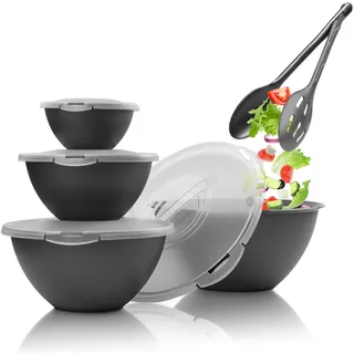 Hausfelder Salatschüssel Set groß mit Deckel und Salatbesteck, Schüsselset 0,7-6 l in Anthrazit Schwarz, große Schüsseln aus Kunststoff, Camping Geschirr (10-teilig mit Salatbesteck)