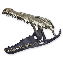 Casa Padrino Luxus Aluminium Deko Skulptur Krokodil Schädel Silber / Schwarz 54,5 x 27 x H. 38,4 cm - Aluminium Deko Figur - Wohnzimmer Deko - Schreibtisch Deko