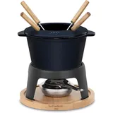 h.koenig La Fonderie 1890 Fondue-Set aus Gusseisen für 4 Personen Mont d'Arbois, für Käse- und Schokoladenfondues, spritzfester Deckel, 4 Gabeln mit Buchenholzgriffen, Kapazität 1,2 L
