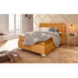 LEONIQUE Boxspringbett LEONIQUE "Rumba", gold (goldfarben), B:150cm L:213cm, Samtoptik (100% Polyester), Komplettbetten, Boxspringbett Seniorenbett Polsterbett, Taschenfederkern-Matratze in Härtegrad 3, in 4 Breiten, incl. Topper