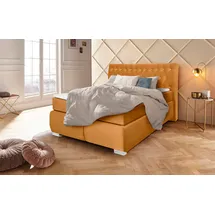 LEONIQUE Boxspringbett LEONIQUE "Rumba", gold (goldfarben), B:150cm L:213cm, Samtoptik (100% Polyester), Komplettbetten, Boxspringbett Seniorenbett Polsterbett, Taschenfederkern-Matratze in Härtegrad 3, in 4 Breiten, incl. Topper