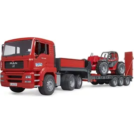 Bruder 02774 - MAN TGA LKW mit Tieflader und Manitou Teleskoplader rot 1:16