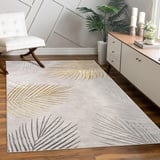 Paco Home Teppich Wohnzimmer Schlafzimmer Modern Kurzflor Glänzendes Palmen Muster Florales-Design Geometrisch Hoch-Tief-Effekt 3D, Grösse:120x160 cm, Farbe:Gold