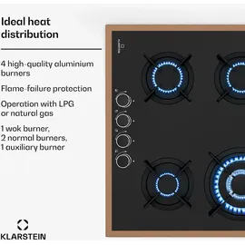 Klarstein Lumiflame Gaskochfeld, 4-Brenner, 8 kW, Kupferrahmen & Glas, Elektrische Zündung, FFD-Sicherheit, Gusseiserne Topfträger, 60 cm, LPG & | | Braun