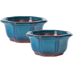 H&D Manufaktur Jinfa 2 glasierte Keramik Bonsai Töpfe mit Entwässerungslöchern + 2 Drainagegitter | Türkis