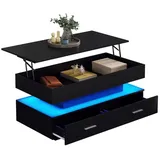 OKWISH Wohnzimmer-Set Wohnzimmertisch, (Beistelltisch, Sofatisch, 1-St., 2 Schubladen und offenem Stauraum), mit LED-Beleuchtung,, verstecken Stauraum und Schubladen, hydraulisch schwarz 100 cm x 44 cm x 50 cm