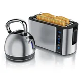 Arendo Frühstücks-Set, Wasserkocher Edelstahl 1,7l, 4 Scheiben Langschlitztoaster, 4 Scheiben Toaster, Frühstücksset, Wasserkocher Retro, Bröt... - Silber