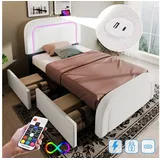 stilvora Bett Mit Schubladen 90 X 200 Cm Aus Holz, Einzelbett Mit 2 Schubladen, Verstellbarem Kopfteil, Led Und Usb-c, Ohne Matratze, Weiß