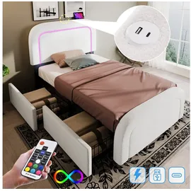 stilvora Bett Mit Schubladen 90 X 200 Cm Aus Holz, Einzelbett Mit 2 Schubladen, Verstellbarem Kopfteil, Led Und Usb-c, Ohne Matratze, Weiß