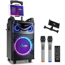 Moukey Karaoke Maschine, Große Karaoke Anlage mit 26cm Woofer & 8cm Tweeter & 2 Mikrofonen, Wiederaufladbarer Bluetooth Lautsprecher mit Lichteffekt Tablettenhalter TWS/Rec/AUX/USB/TF/FM für Party
