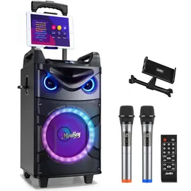 Moukey Karaoke Maschine, Große Karaoke Anlage mit 26cm Woofer & 8cm Tweeter & 2 Mikrofonen, Wiederaufladbarer Bluetooth Lautsprecher mit Lichteffekt Tablettenhalter TWS/Rec/AUX/USB/TF/FM für Party