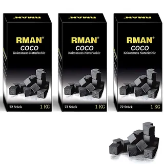 RMAN 3KG Coconut Shell Charcoal, Shisha Kohle, Shisha Naturkohle Kokosnuss - BBQ Hochwertige Kokosnuss Kokos Coal Briketts mit Langer Brenndauer