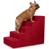 VELORA H&L Hundetreppe 5 Stufen Rot - Stabile Holzkonstruktion mit Veloursbezug, rutschfeste Hundetreppe für Sofa und Bett, Haustiertreppe für Hunde und Katzen, Belastbar bis 80 kg