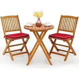 Goplus 3tlg. Gartenmöbel Set aus Akazienholz, klappbares Terassen Set, inkl. Rundtisch und 2 Stühlen mit Kissen, Balkonmöbel Sitzgruppe (Rot) - Rot