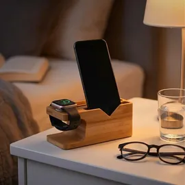 Relaxdays Ladestation, für Apple Watch & iPhone, Bambus, HxBxT: 6 x 14 x 6,5 cm, Handy-Station & Uhrenständer, Natur