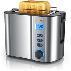 Arendo Toaster für 2 Scheiben mit Restzeitanzeige, 800W, wärmeisolierendes Doppelwandgehäuse, Brötchenaufsatz, Auftaufunktion, Silber