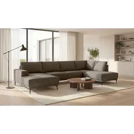 OTTO home Wohnlandschaft XXL Sofa Oland, Struktur, Flachgewebe, Luxus-Microfaser, Boucle, U-Form, 345 cm, Wellenunterfederung, Skandi-Design, Metallfüße braun